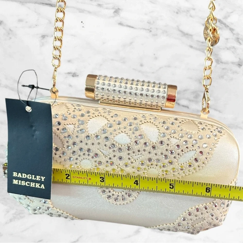 Badgley Mischka Off White Satin Rhinestone Clutch Evening Handbag Chain - Picture 8 of 16